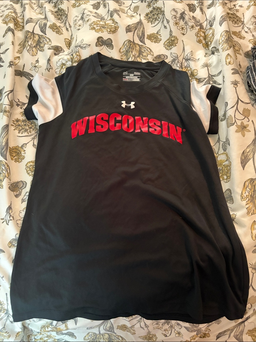Under Armour Black and White Wisconsin Performance Tee with Red Logo
